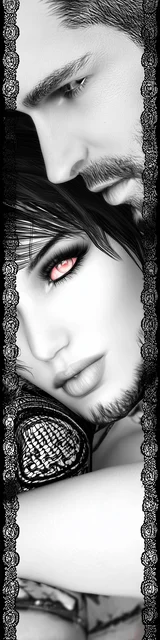 Free dark romance bookmark featuring a gray-toned couple with yellow eyes